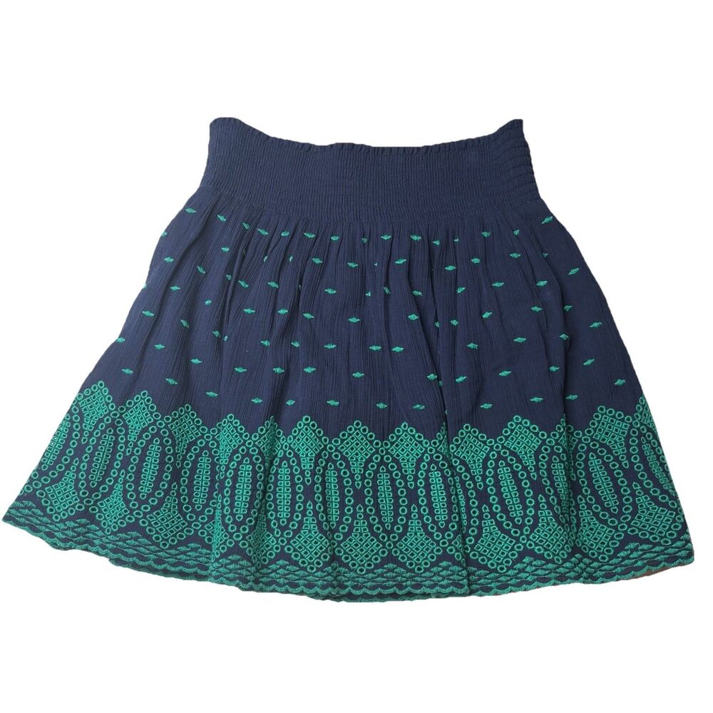 J. Crew Navy Blue Green Embroidered Gauze Eyelet Mini Skirt Size Medium